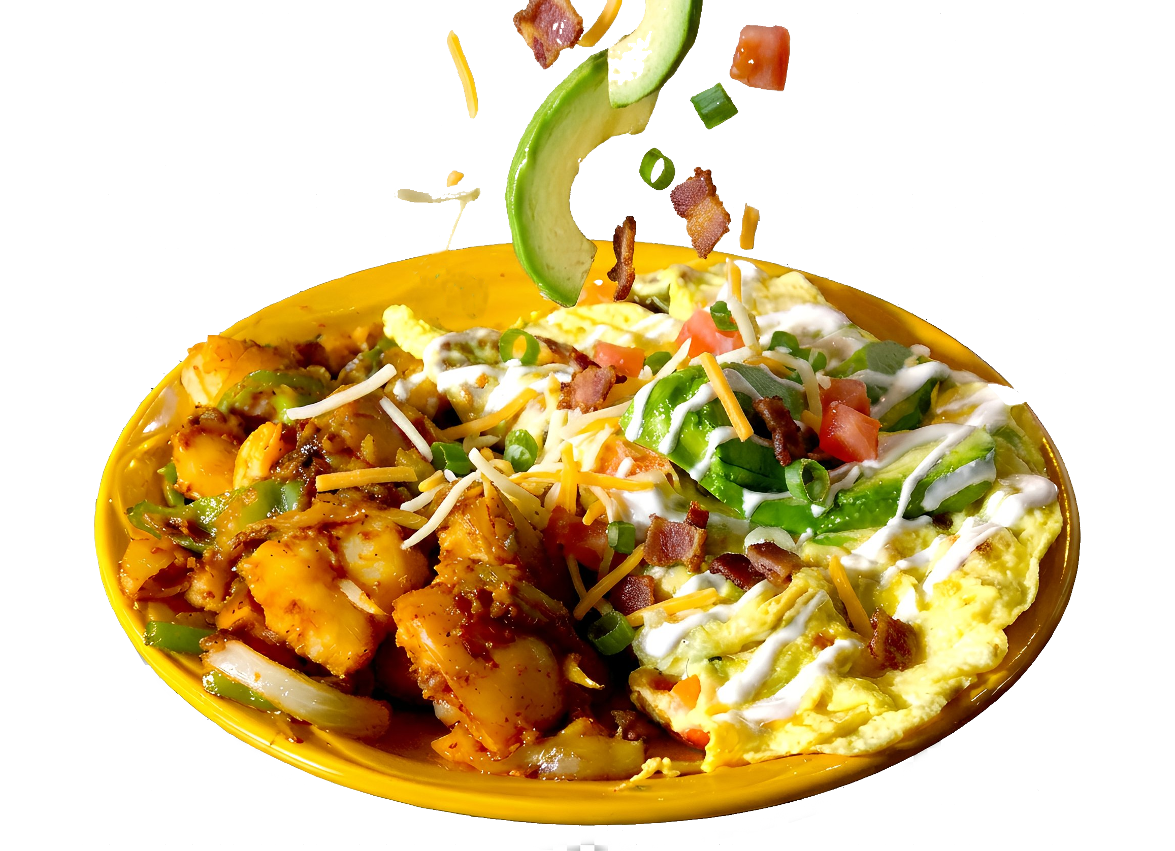 California omelette with mushroom, bacon, cheese and falling to the plate